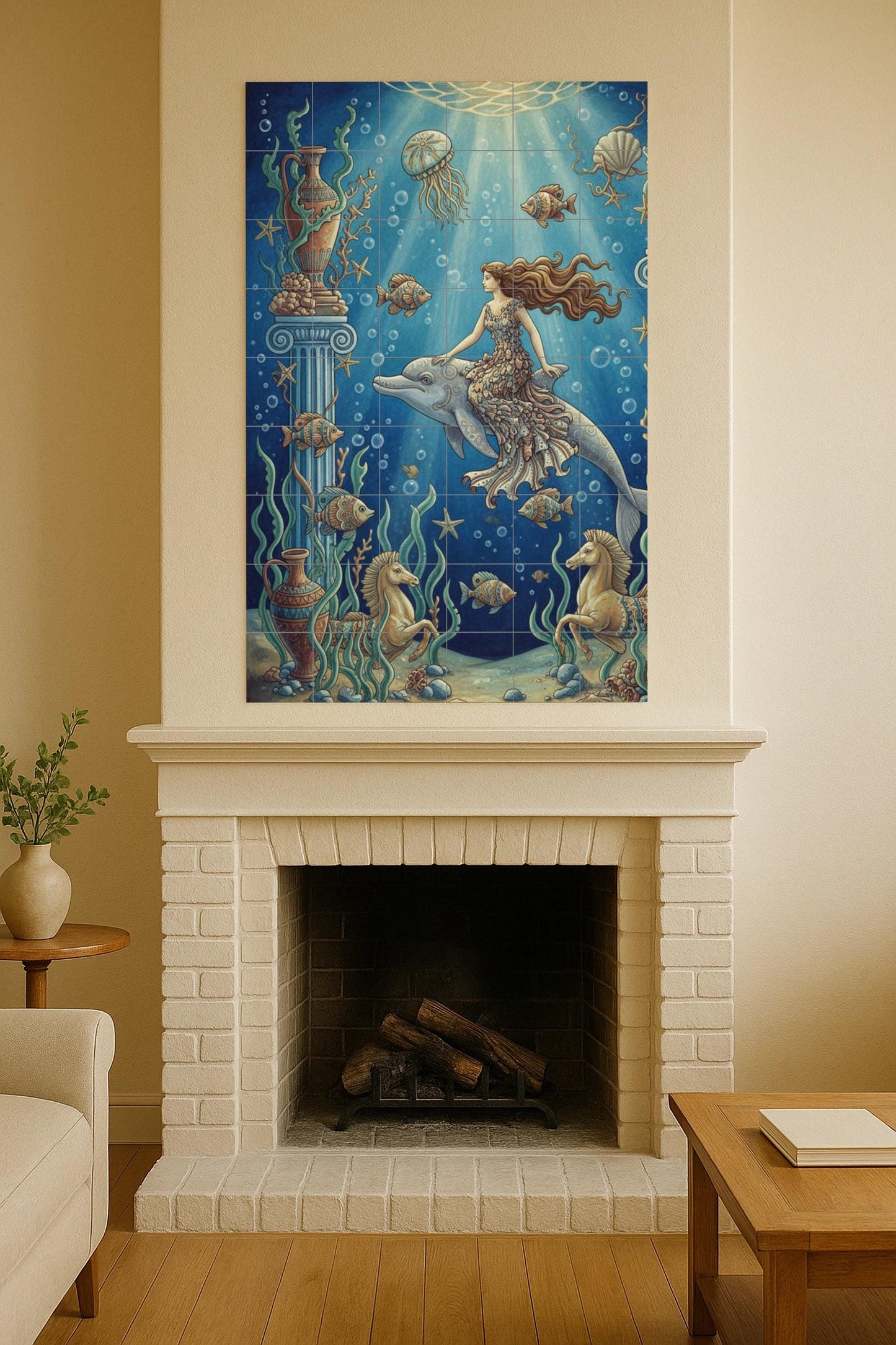 Ceramic mural "Ocean Goddess and Dolphin" / Tile panel with underwater myths / Mediterranean bathroom decoration handmade in Spain