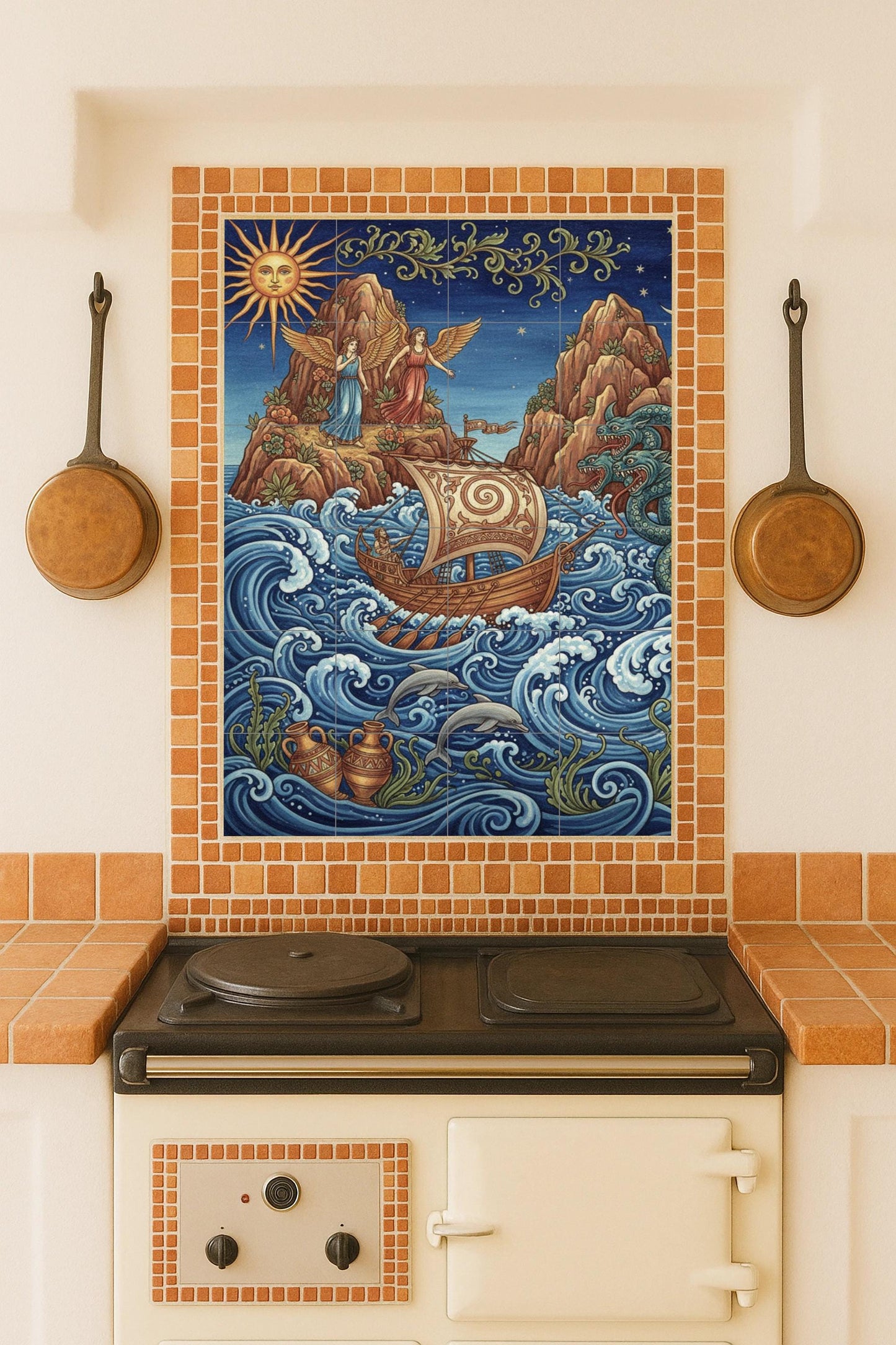 Ceramic mural of Odysseus and the Sirens, Greek myth, nautical panel, Mediterranean decoration, handmade in Spain.