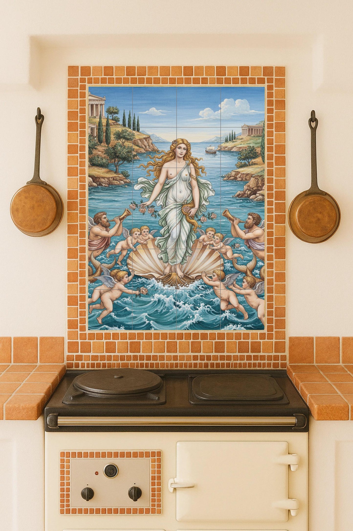 Ceramic mural The birth of Aphrodite, Greek goddess of love emerging from the sea