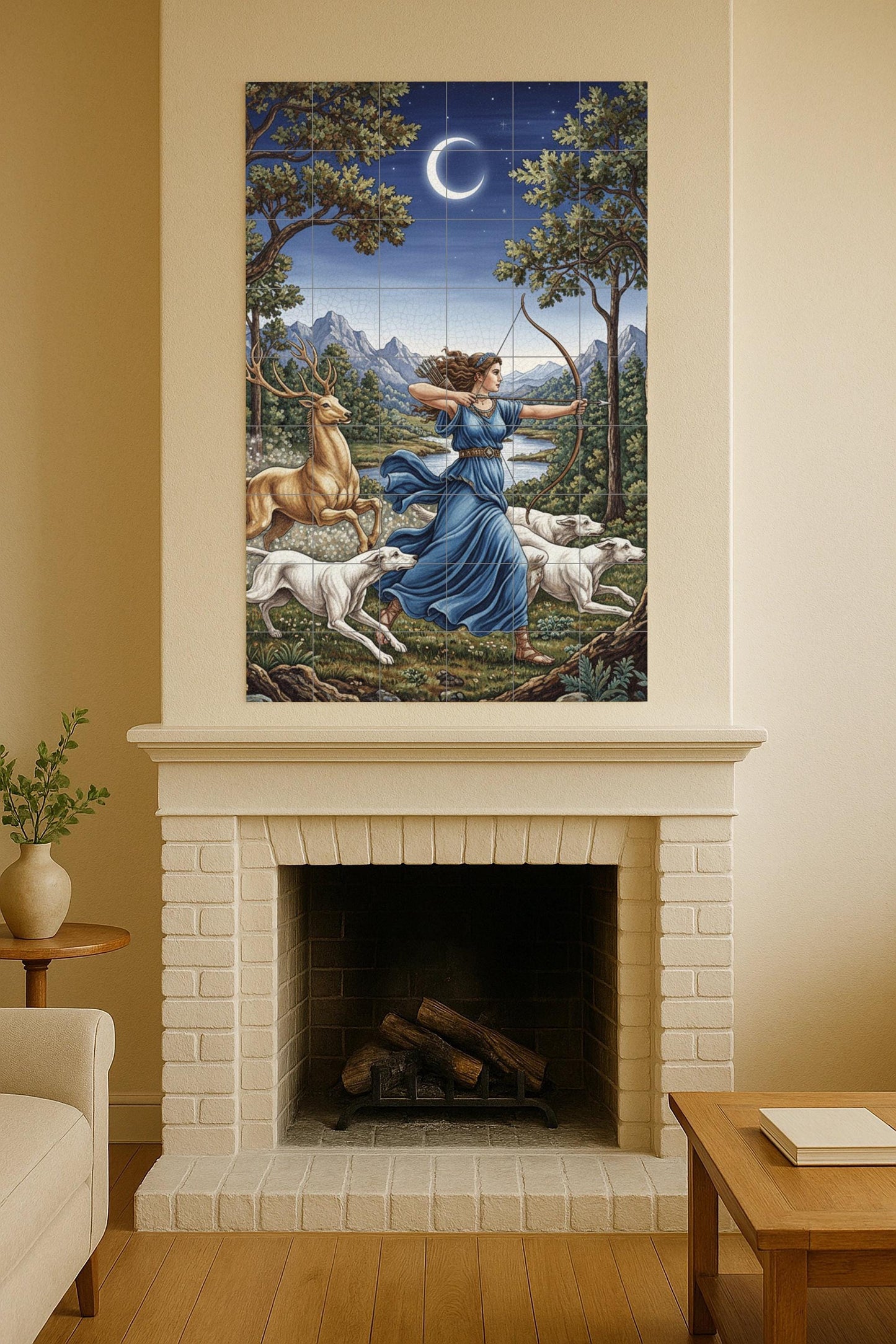 Ceramic mural of Artemis the Huntress, Greek goddess of the Moon, with deer and hounds under a crescent sky.