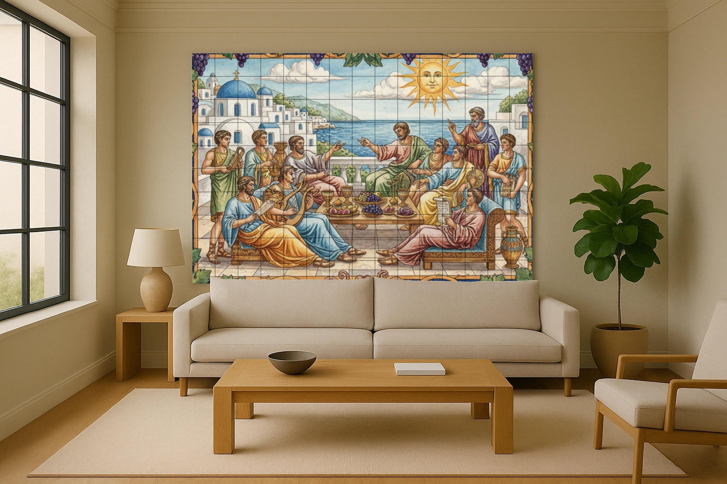 Banquet of the Philosophers: Classical Greek ceramic mural with musicians, scholars, Aegean landscape and a sunny terrace.