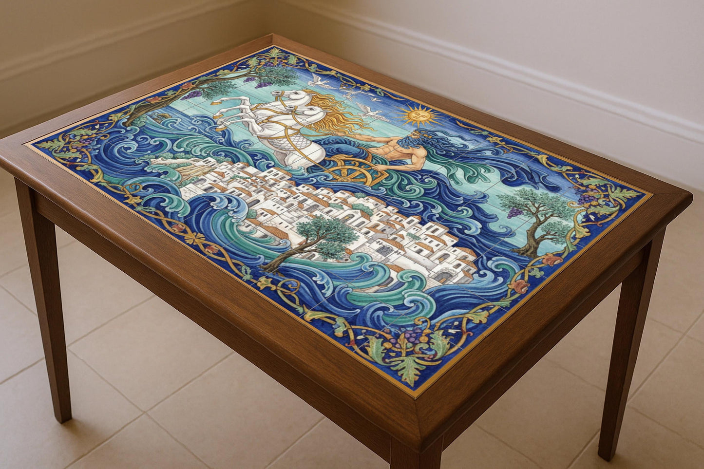 Poseidon's journey through the Aegean: mythological ceramic mural with white horses, Greek coastal city, olive trees and sunlit waves.