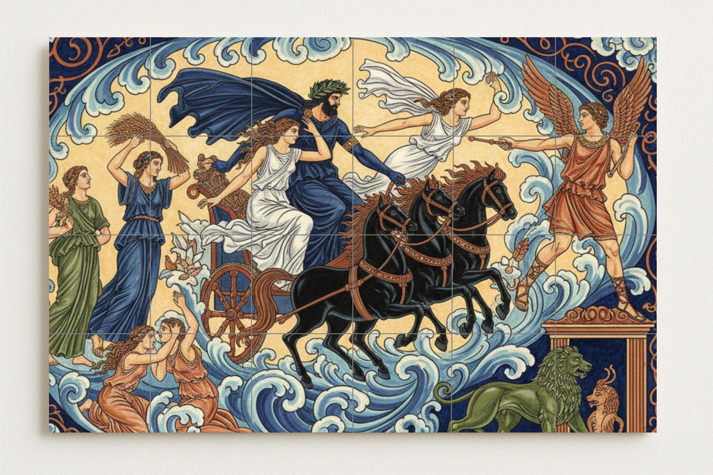 Poseidon's Chariot: Ceramic mural from Greek mythology with sea waves, a winged deity, ocean horses, Demeter's maidens and mythical harmony.