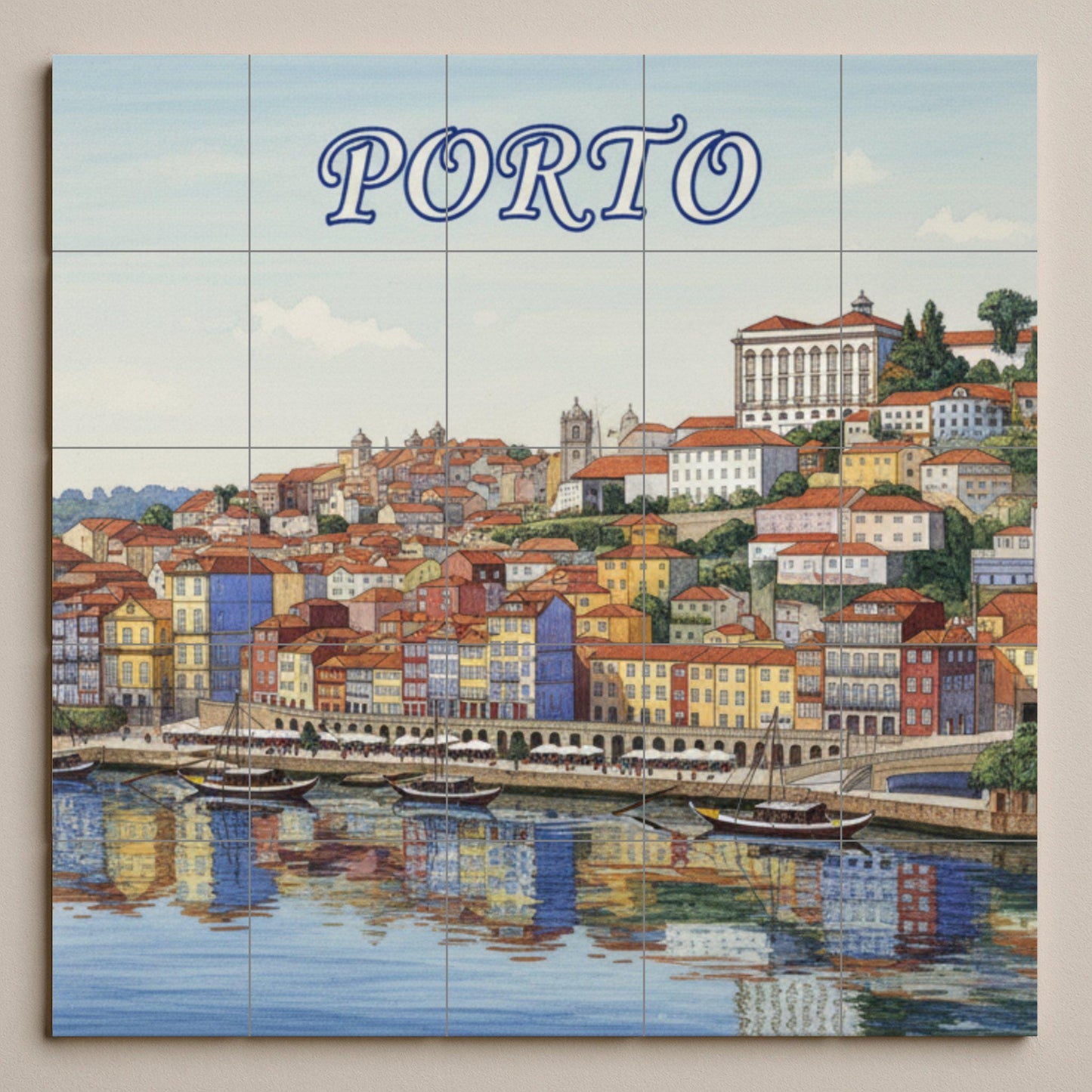 Ceramic wall mural featuring the banks of the Porto River: colorful Portuguese cityscape in tiles for the kitchen, bathroom or living room.