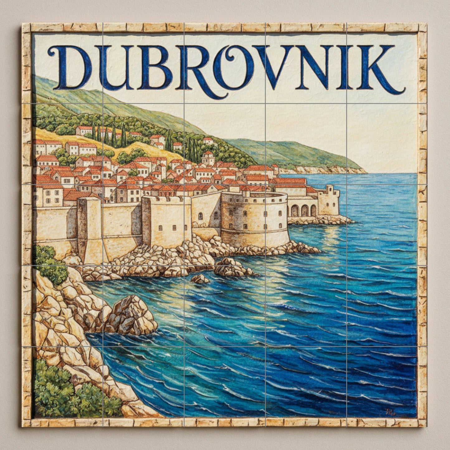Dubrovnik Picture – Cityscape print of the Adriatic coast with old town walls and red rooftops, Croatia travel decoration
