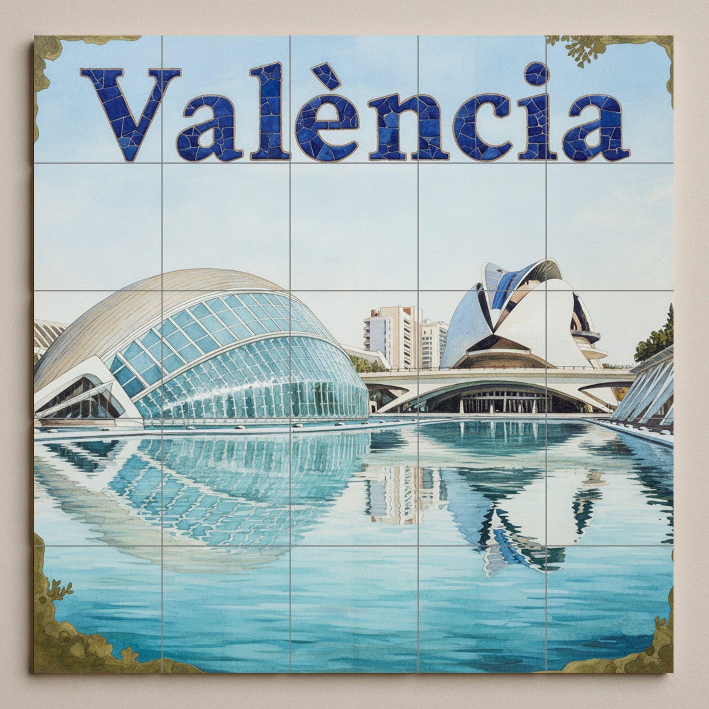Mural art of the City of Arts and Sciences in Valencia – Impression of modern futuristic architecture with water reflections