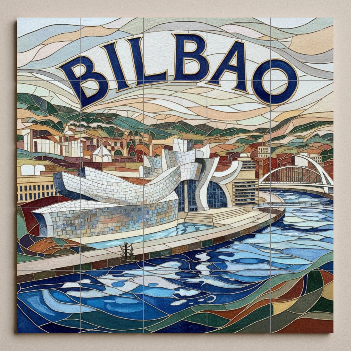 Ceramic mosaic-style mural art at the Guggenheim Bilbao: Impression of a modern Basque cityscape by the Nervión River