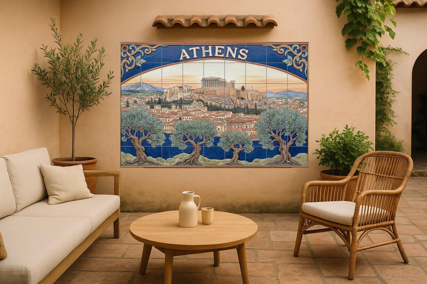 Athens – Greek ceramic mural of the Parthenon and olive trees / Handmade Mediterranean mural art celebrating ancient Greece
