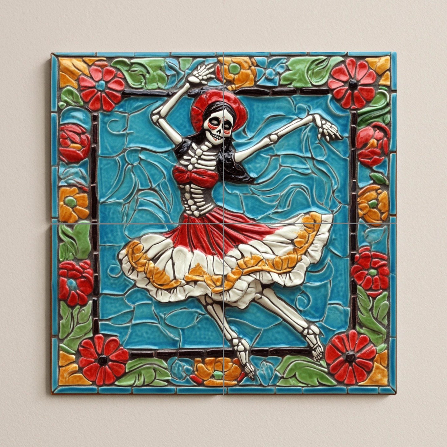 Dancing Skull Tile Mural / Mexican Day of the Dead Mural Art / Ceramic Decoration with Colorful Skeletons and Flowers / Folklore-Inspired Mural