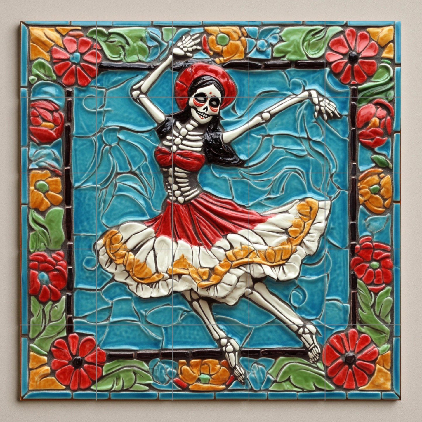Dancing Skull Tile Mural / Mexican Day of the Dead Mural Art / Ceramic Decoration with Colorful Skeletons and Flowers / Folklore-Inspired Mural