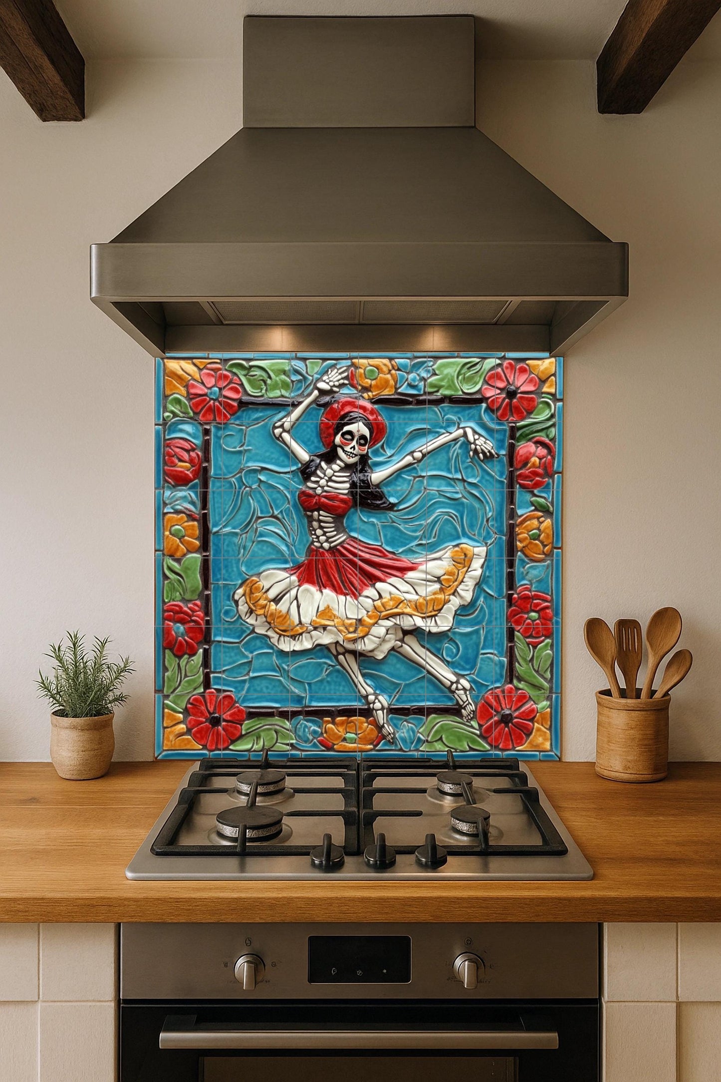 Dancing Skull Tile Mural / Mexican Day of the Dead Mural Art / Ceramic Decoration with Colorful Skeletons and Flowers / Folklore-Inspired Mural