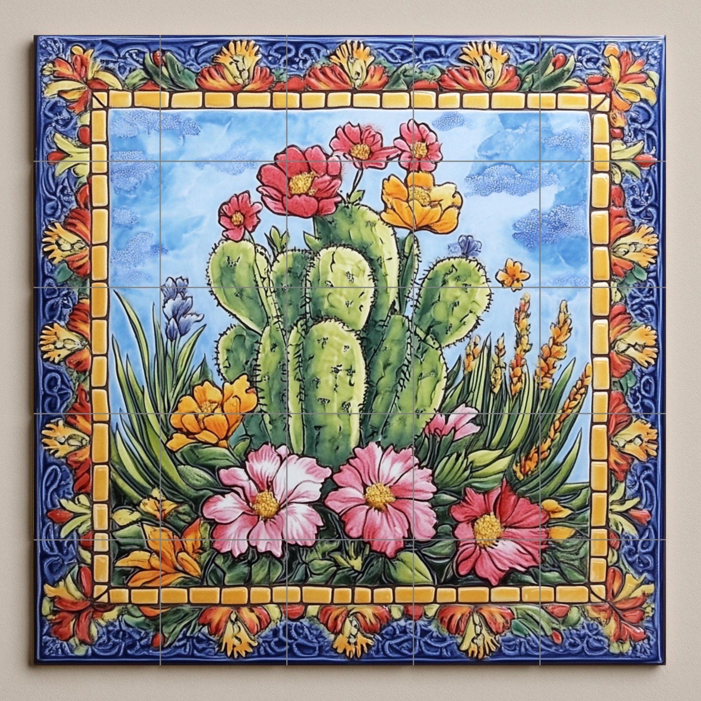 Mexican Cactus Tile Mural / Colorful Desert Floral Wall Art / Vibrant Ceramic Decor / Blooming Flowers and Cactus Patterns / Patio Charm
