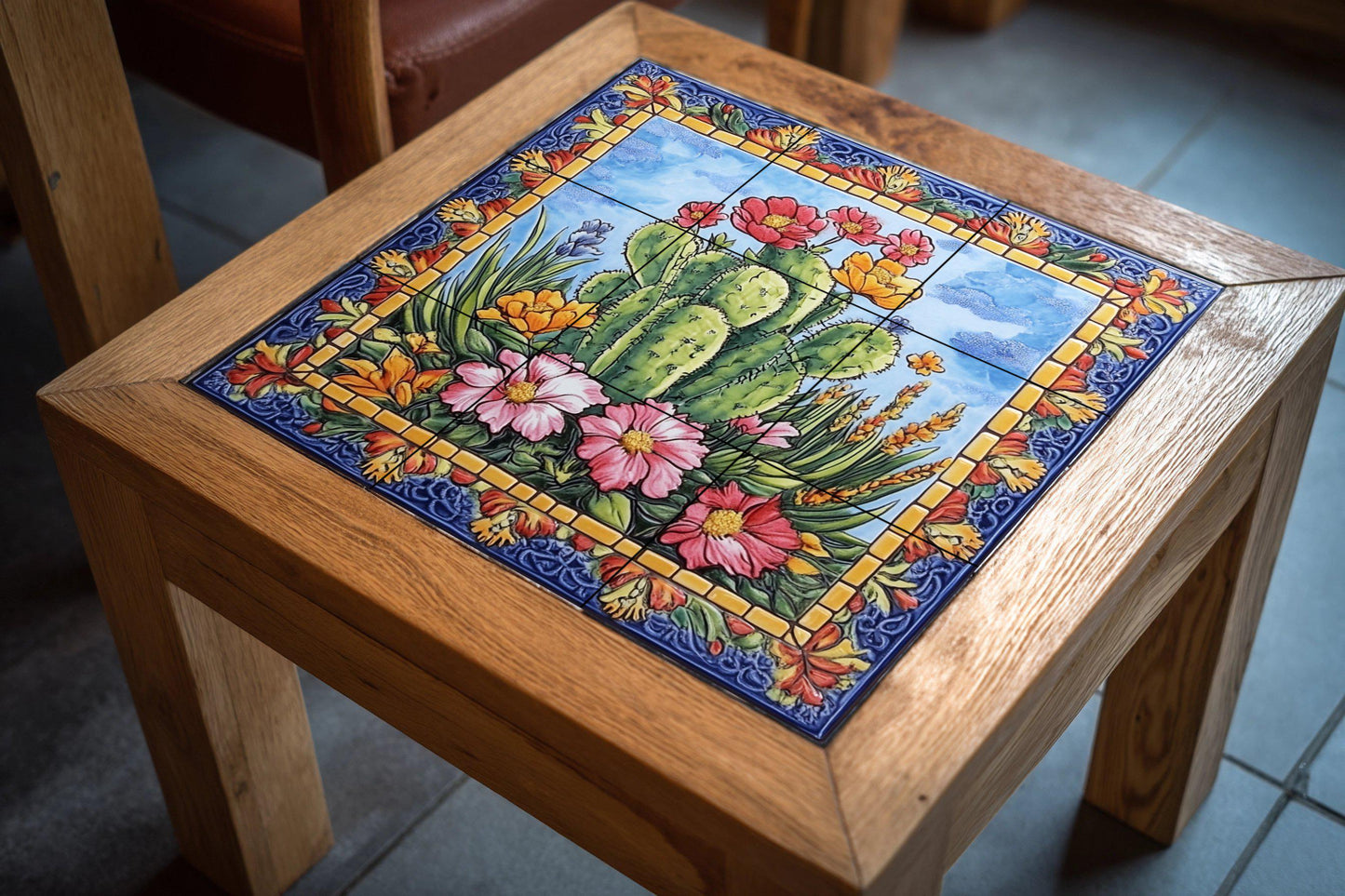 Mexican Cactus Tile Mural / Colorful Desert Floral Wall Art / Vibrant Ceramic Decor / Blooming Flowers and Cactus Patterns / Patio Charm