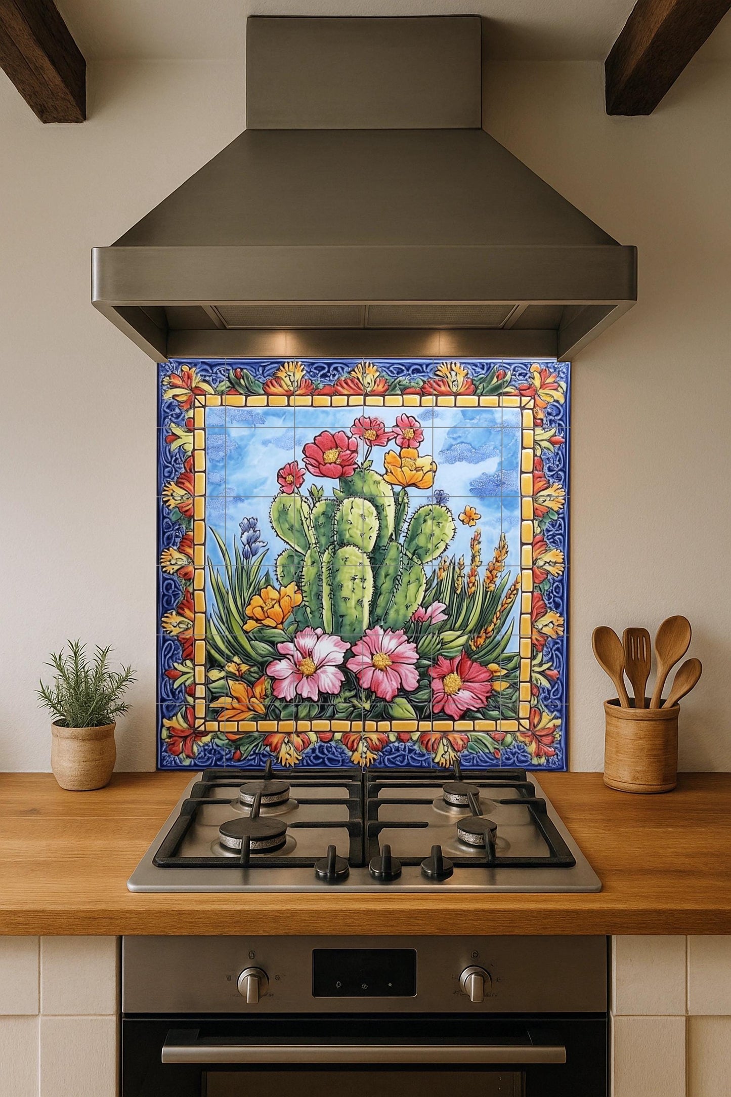 Mexican Cactus Tile Mural / Colorful Desert Floral Wall Art / Vibrant Ceramic Decor / Blooming Flowers and Cactus Patterns / Patio Charm