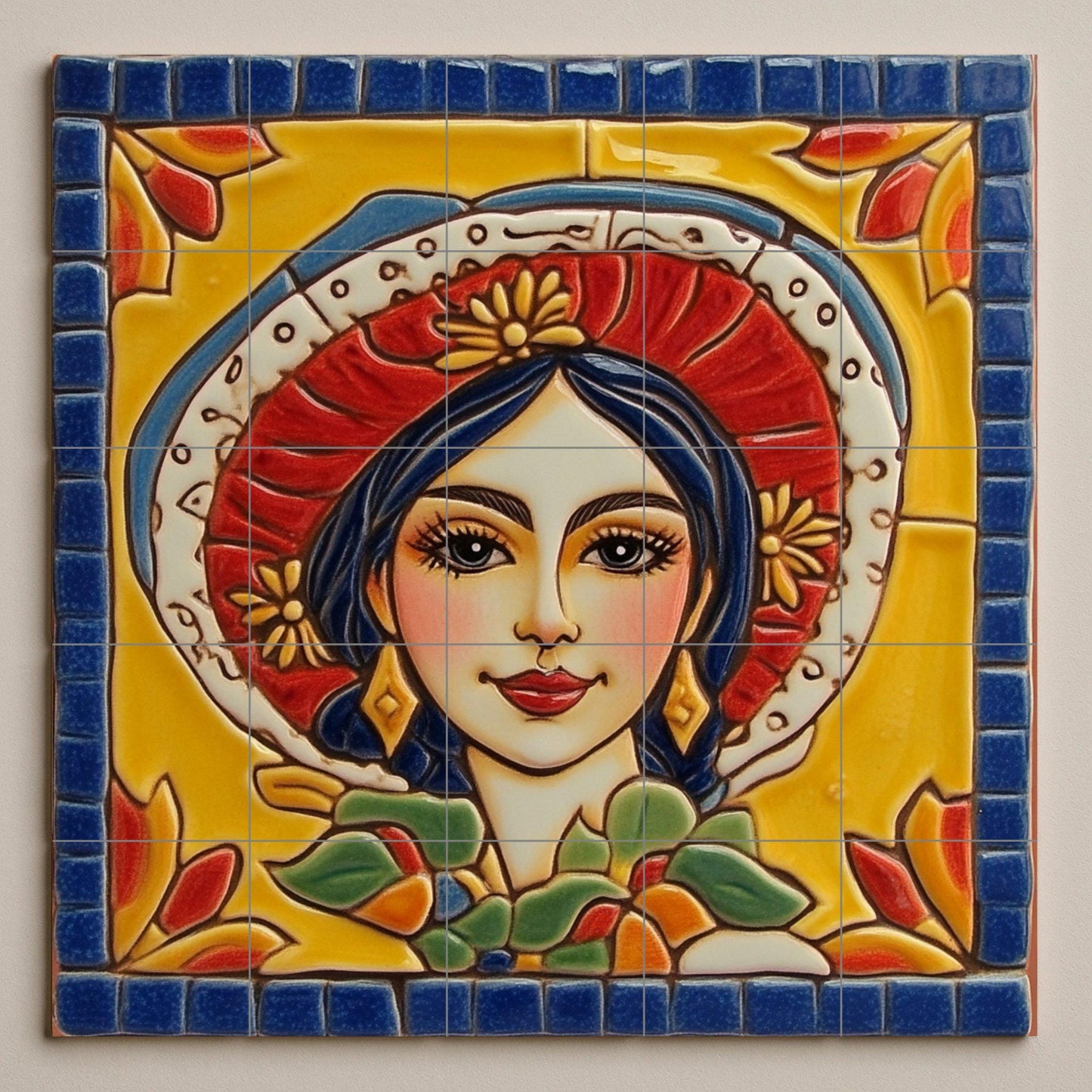 Traditional Mexican woman tile mural / Colorful ceramic mural art / Folk art decor / Vibrant floral prints / Mexican heritage decor