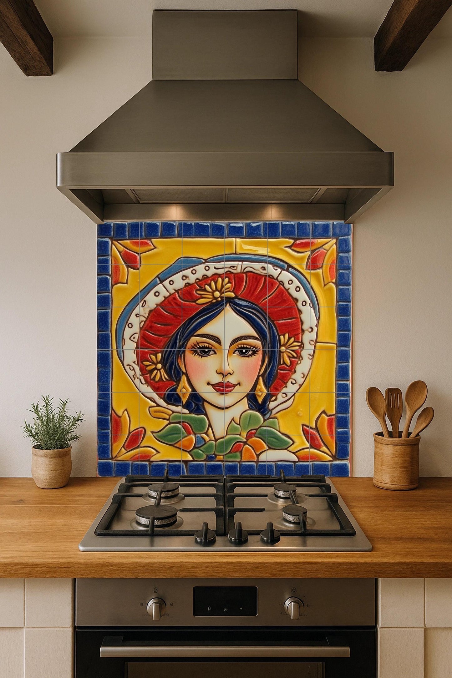Traditional Mexican woman tile mural / Colorful ceramic mural art / Folk art decor / Vibrant floral prints / Mexican heritage decor