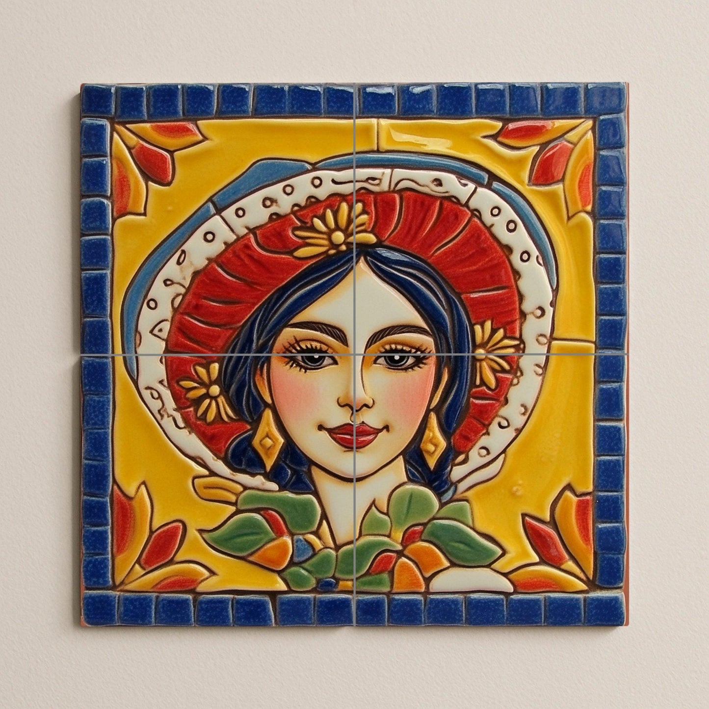 Traditional Mexican woman tile mural / Colorful ceramic mural art / Folk art decor / Vibrant floral prints / Mexican heritage decor