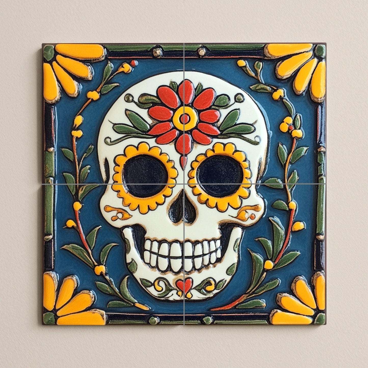 Day of the Dead Sugar Skull Tile Mural / Handmade Ceramic Art / Vibrant Floral Prints / Mexican Folk Art / Day of the Dead Decoration