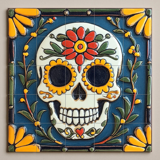 Day of the Dead Sugar Skull Tile Mural / Handmade Ceramic Art / Vibrant Floral Prints / Mexican Folk Art / Day of the Dead Decoration