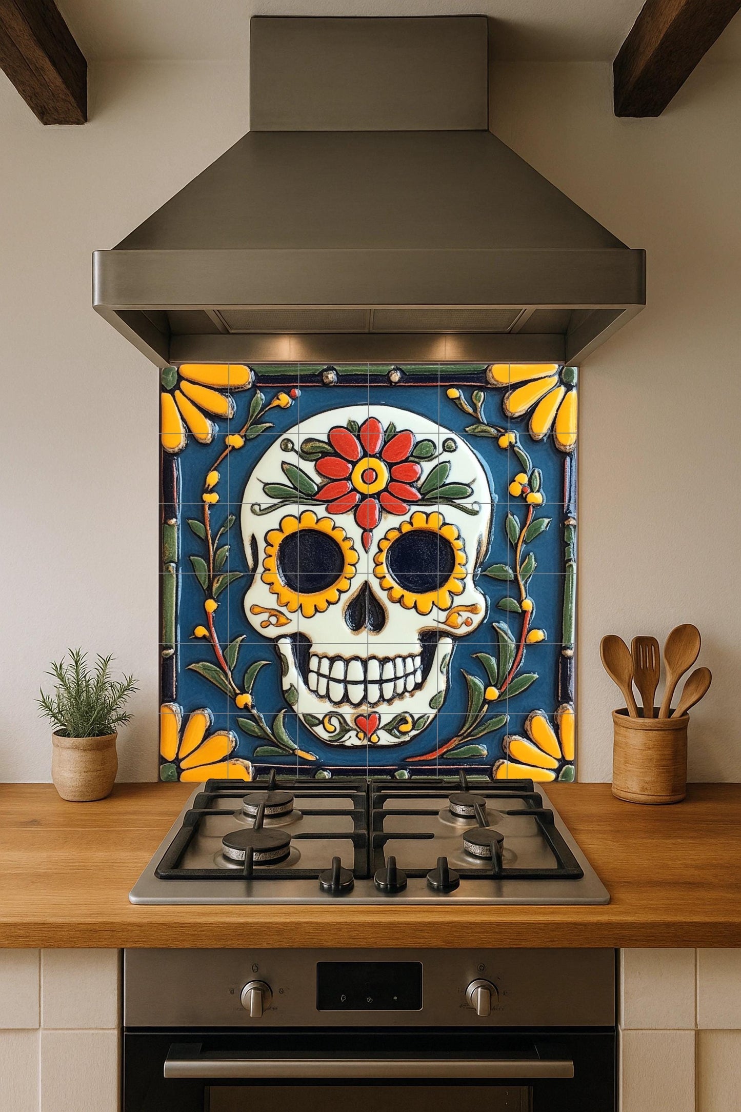 Day of the Dead Sugar Skull Tile Mural / Handmade Ceramic Art / Vibrant Floral Prints / Mexican Folk Art / Day of the Dead Decoration