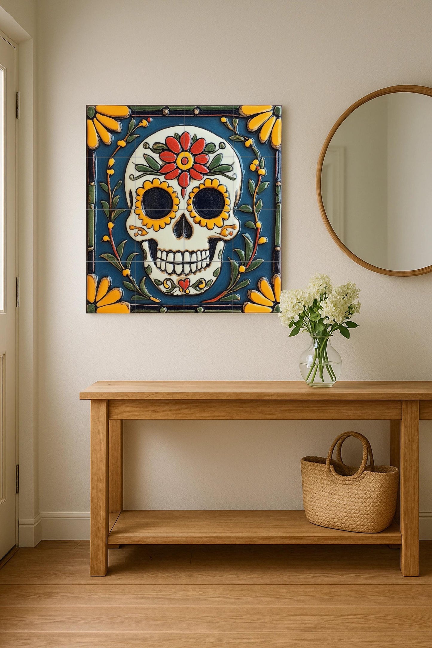 Day of the Dead Sugar Skull Tile Mural / Handmade Ceramic Art / Vibrant Floral Prints / Mexican Folk Art / Day of the Dead Decoration
