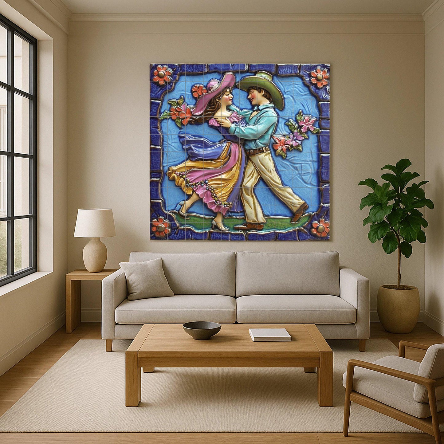 Mexican folk dance tile mural / Handmade ceramic art / Vibrant colors and floral details / Traditional dance scene / Mexican heritage