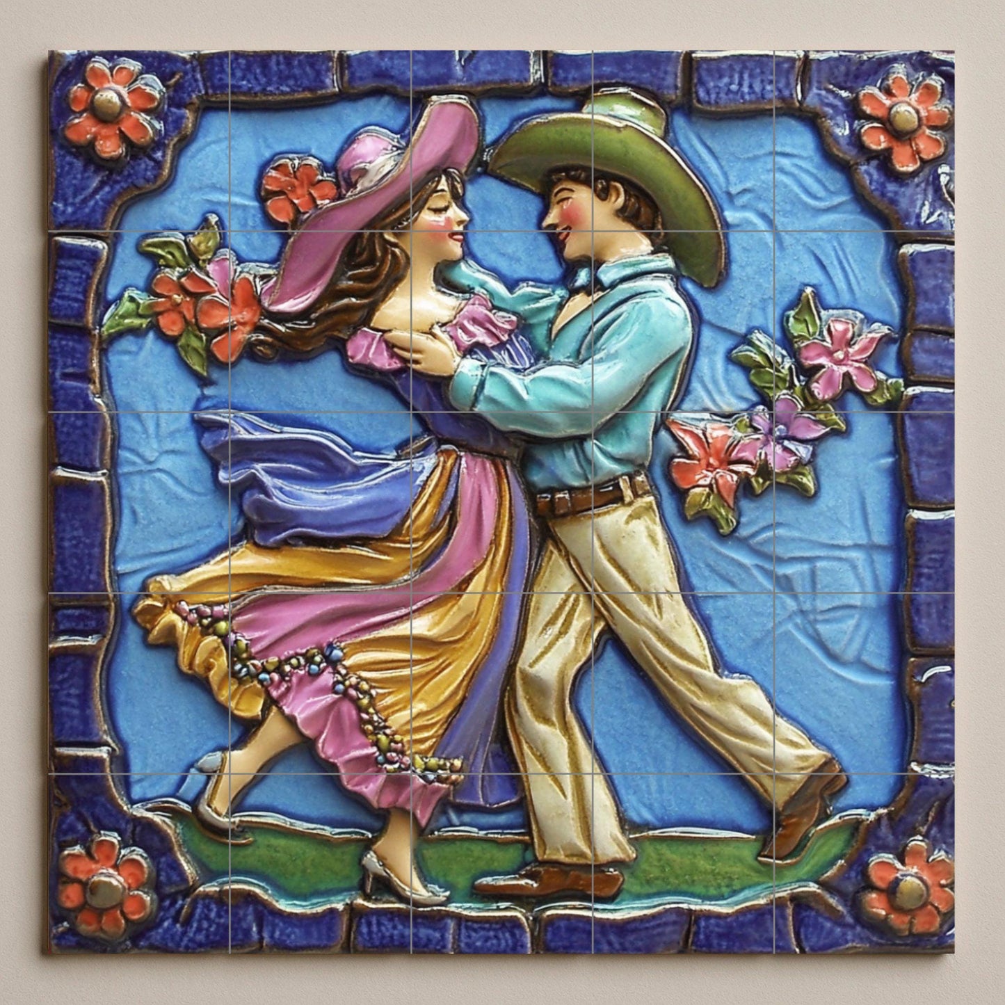 Mexican folk dance tile mural / Handmade ceramic art / Vibrant colors and floral details / Traditional dance scene / Mexican heritage