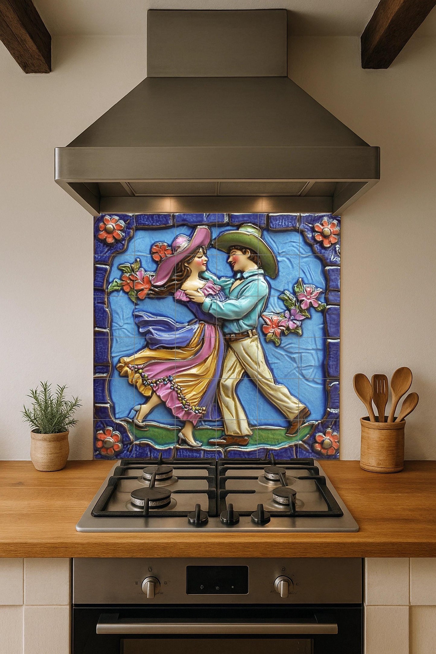 Mexican folk dance tile mural / Handmade ceramic art / Vibrant colors and floral details / Traditional dance scene / Mexican heritage