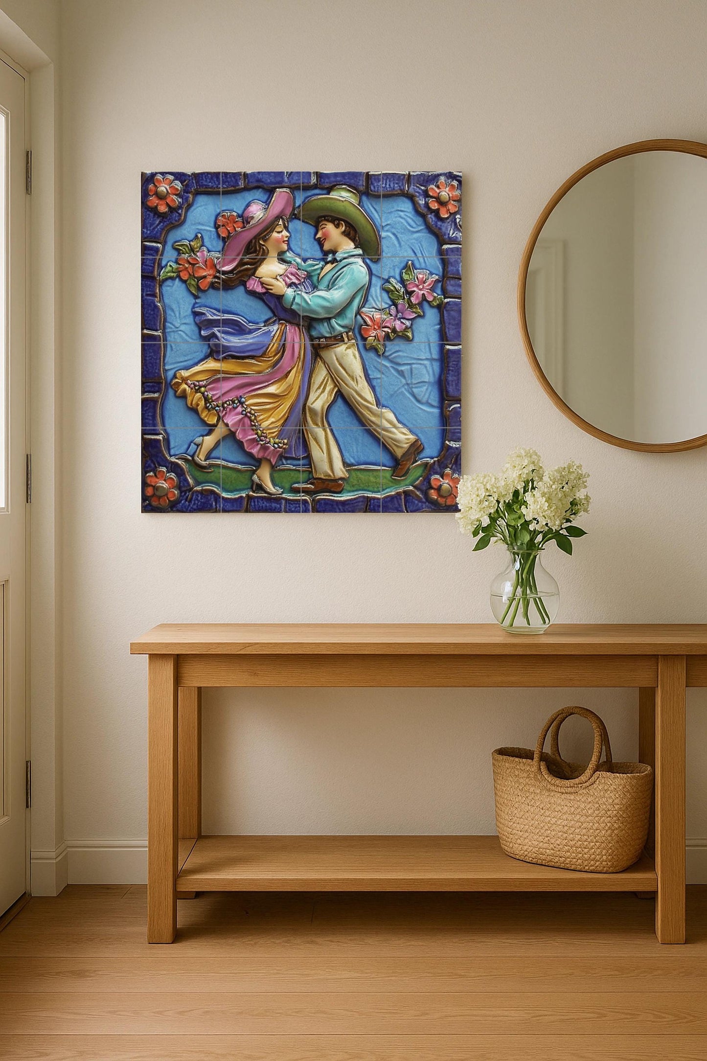 Mexican folk dance tile mural / Handmade ceramic art / Vibrant colors and floral details / Traditional dance scene / Mexican heritage