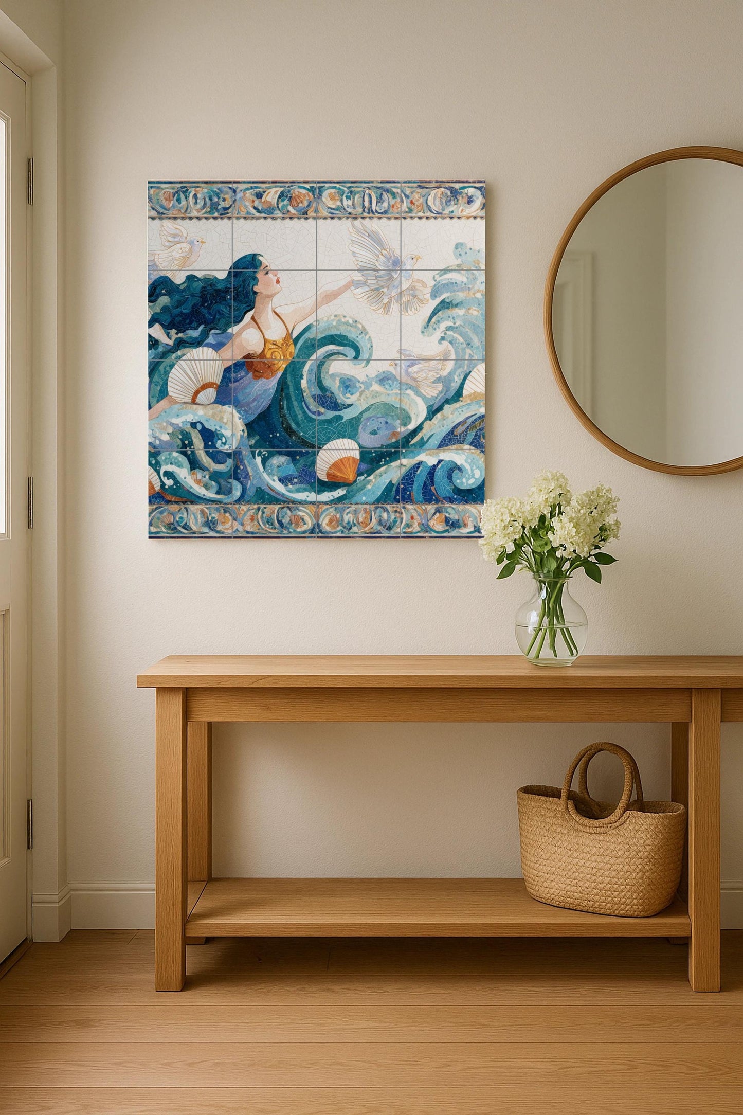 Ocean Goddess Tile Mural / Nautical Wall Art / Handmade Ceramic Decor / Marine Borders and Flowing Waves / Ethereal Ocean Scene