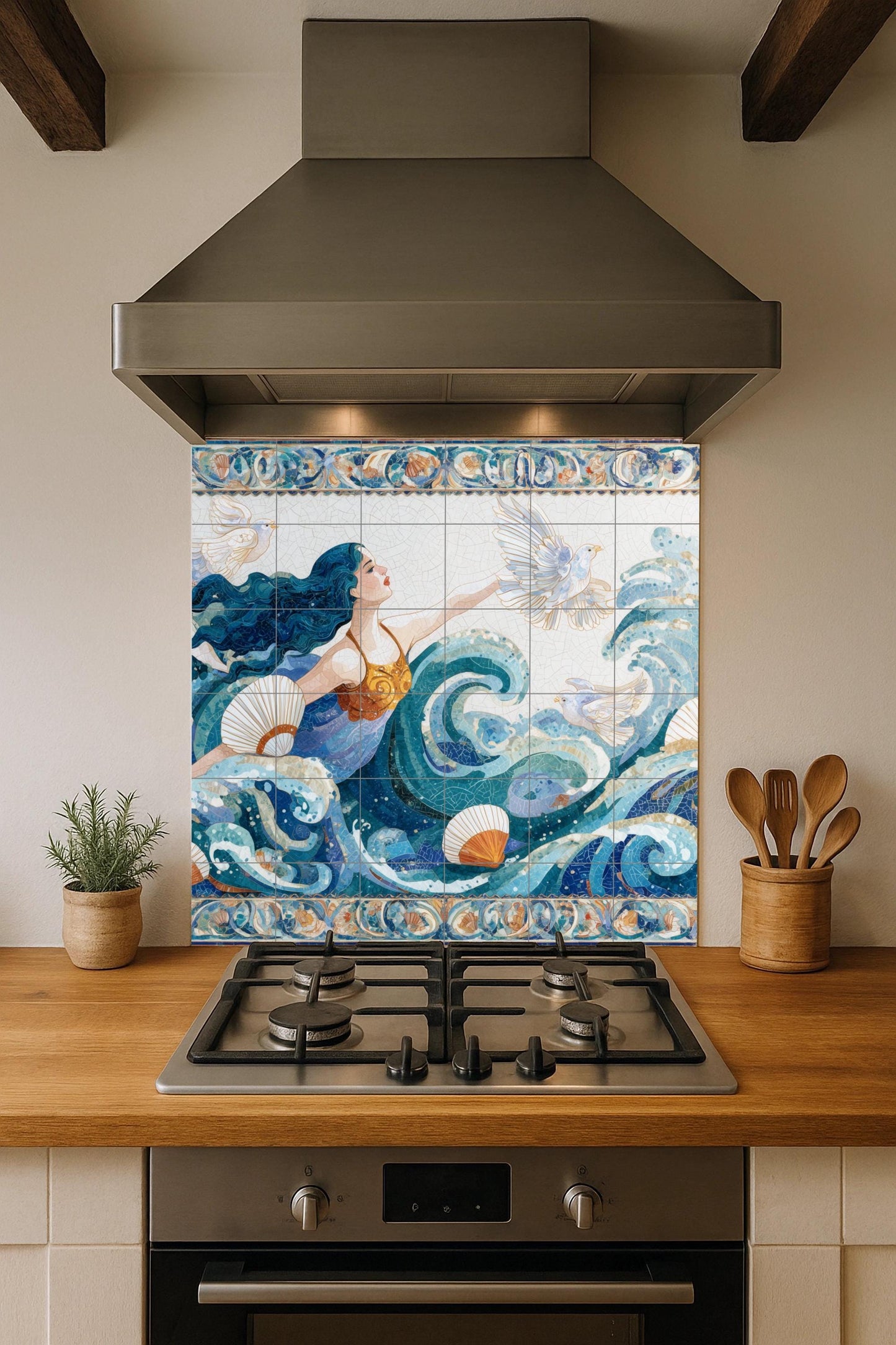 Ocean Goddess Tile Mural / Nautical Wall Art / Handmade Ceramic Decor / Marine Borders and Flowing Waves / Ethereal Ocean Scene