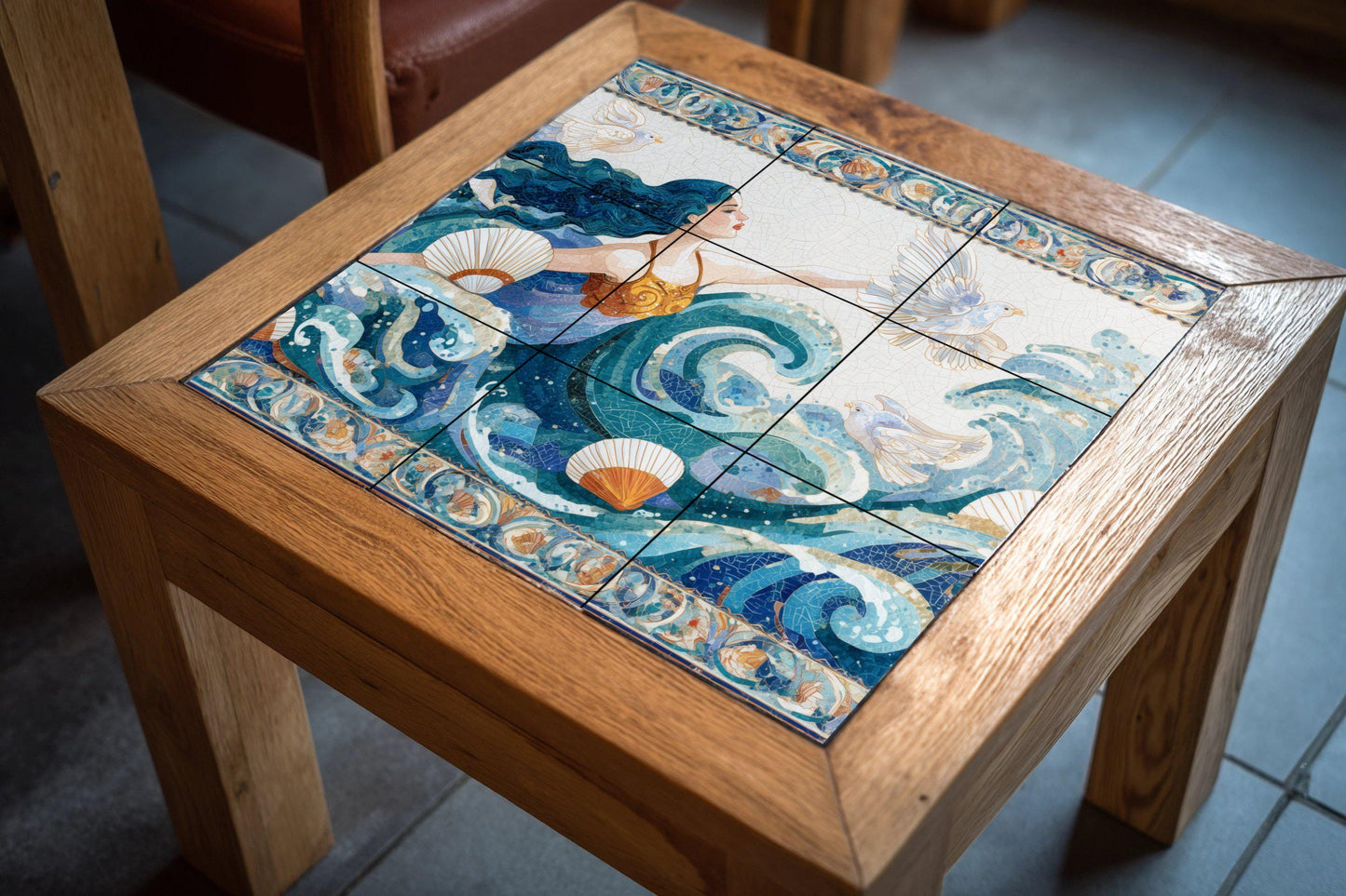 Ocean Goddess Tile Mural / Nautical Wall Art / Handmade Ceramic Decor / Marine Borders and Flowing Waves / Ethereal Ocean Scene