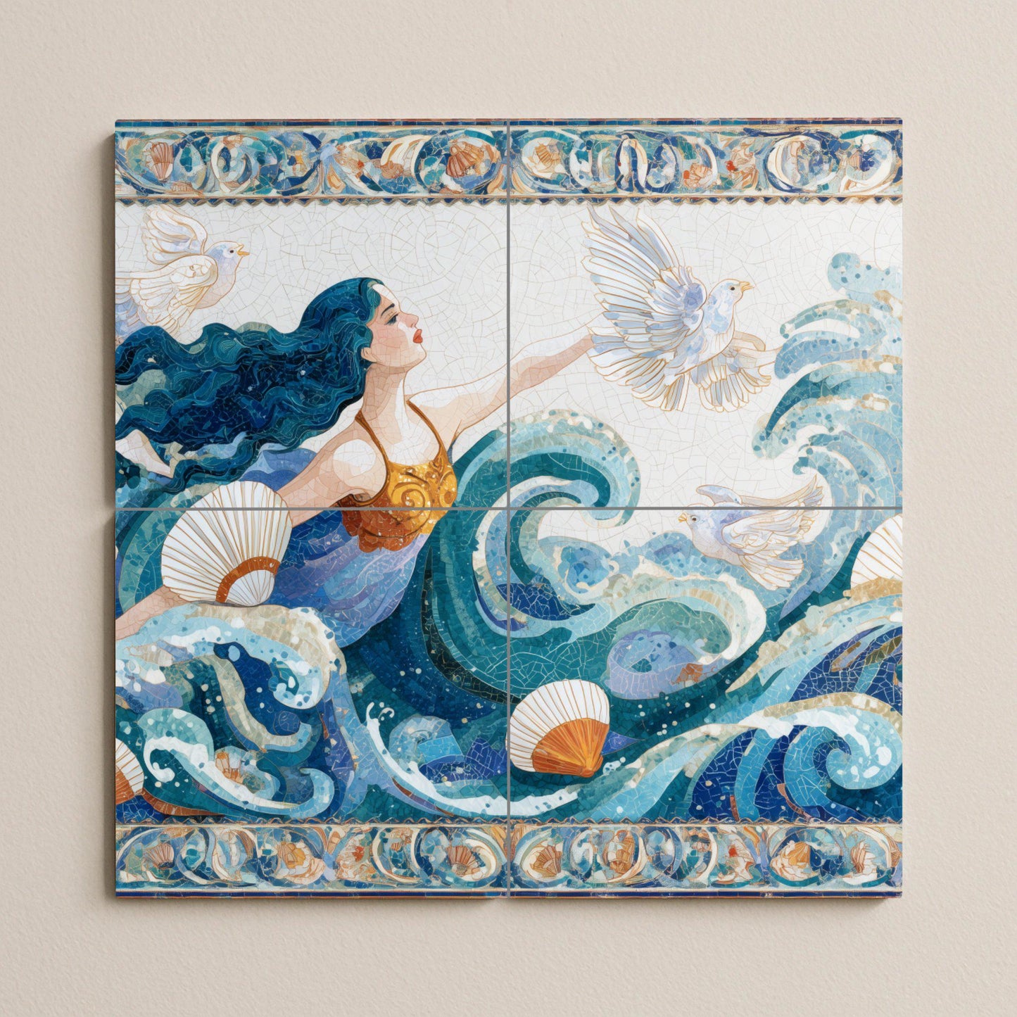 Ocean Goddess Tile Mural / Nautical Wall Art / Handmade Ceramic Decor / Marine Borders and Flowing Waves / Ethereal Ocean Scene