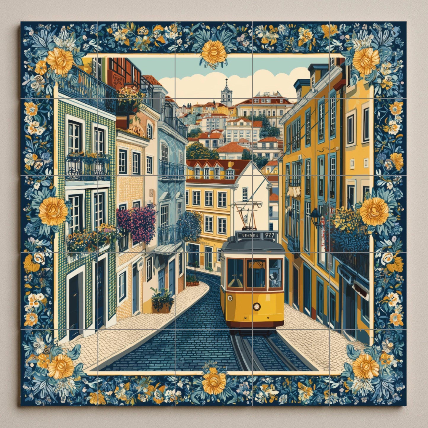 Lisbon tram tile mural / Portuguese street scene / Handcrafted ceramic decoration / Floral borders and iconic tram / Vibrant Lisbon cityscape
