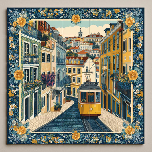 Lisbon tram tile mural / Portuguese street scene / Handcrafted ceramic decoration / Floral borders and iconic tram / Vibrant Lisbon cityscape