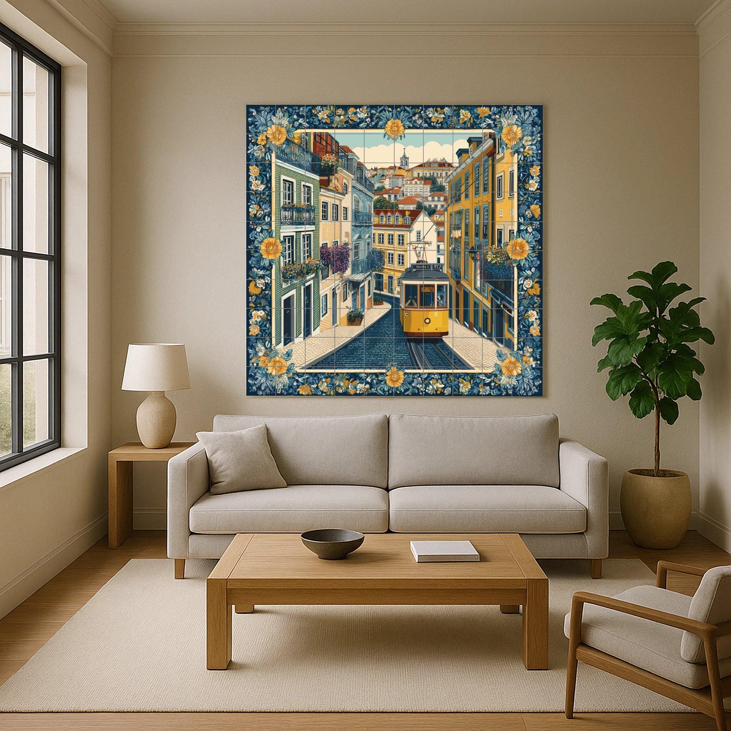 Lisbon tram tile mural / Portuguese street scene / Handcrafted ceramic decoration / Floral borders and iconic tram / Vibrant Lisbon cityscape