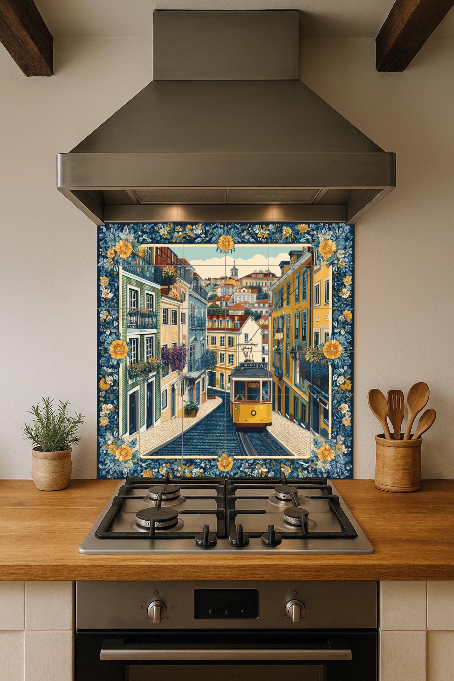 Lisbon tram tile mural / Portuguese street scene / Handcrafted ceramic decoration / Floral borders and iconic tram / Vibrant Lisbon cityscape