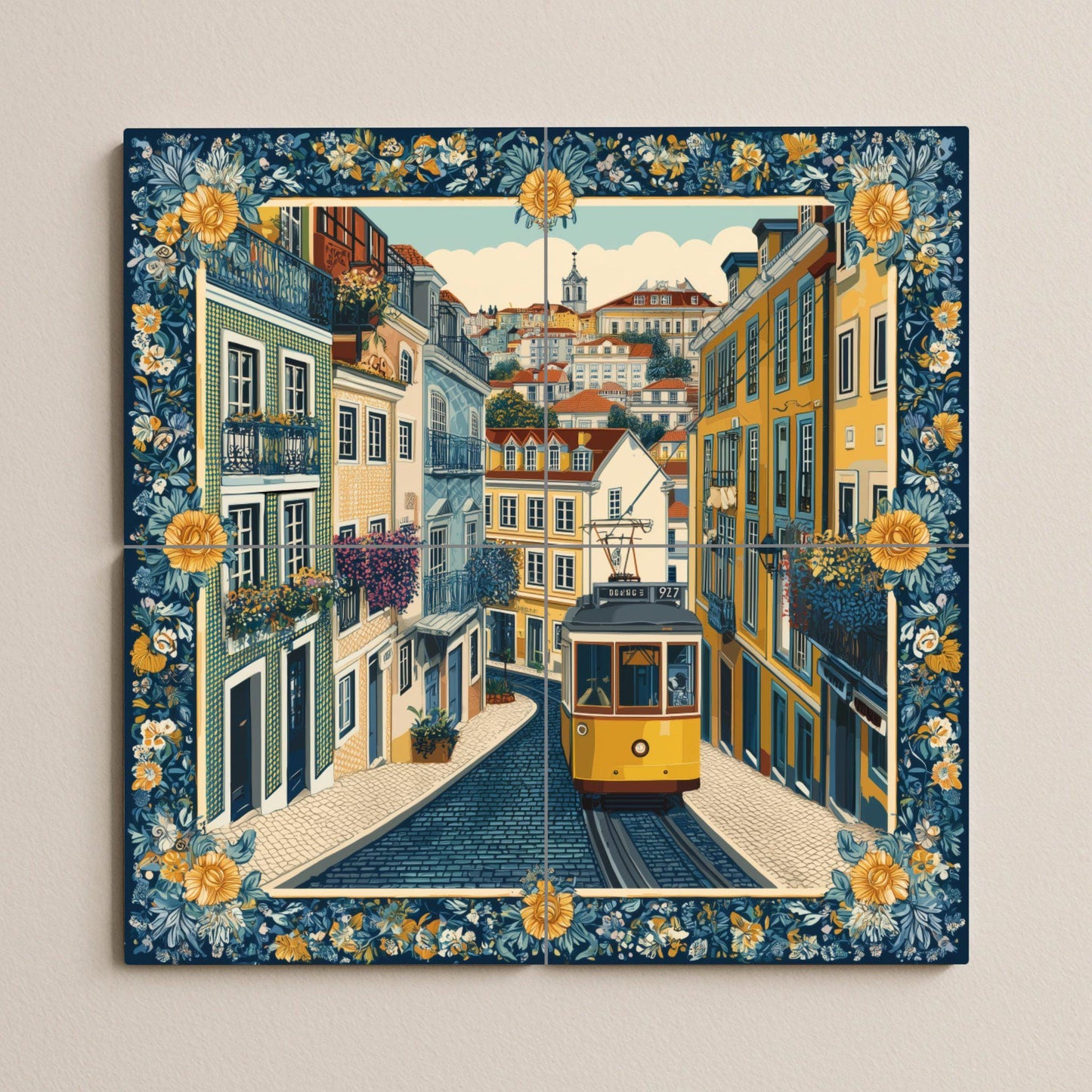 Lisbon tram tile mural / Portuguese street scene / Handcrafted ceramic decoration / Floral borders and iconic tram / Vibrant Lisbon cityscape