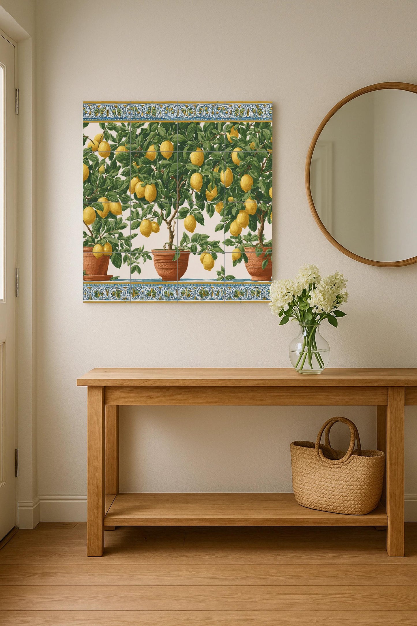 Lemon tree tile mural / Mediterranean wall art / Handmade ceramic decor / Terracotta pots and fresh lemons / Vibrant Mediterranean