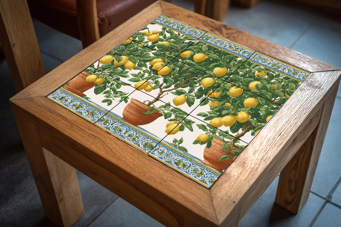 Lemon tree tile mural / Mediterranean wall art / Handmade ceramic decor / Terracotta pots and fresh lemons / Vibrant Mediterranean