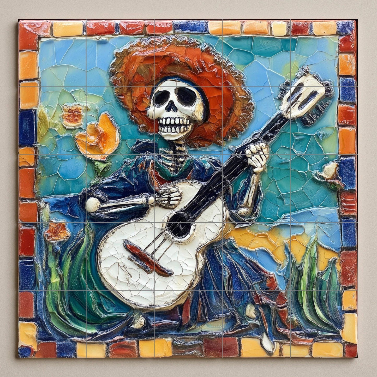 Day of the Dead tile mural / Mexican folk art decoration / Handmade ceramic skeleton musician / Vibrant colors and floral mosaic borders