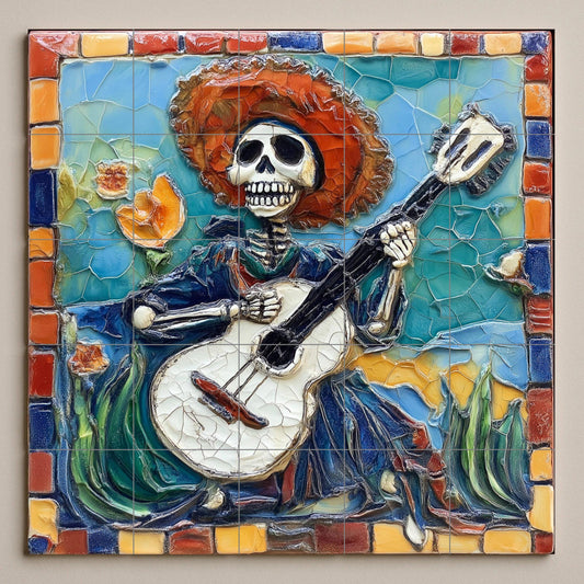 Day of the Dead tile mural / Mexican folk art decoration / Handmade ceramic skeleton musician / Vibrant colors and floral mosaic borders