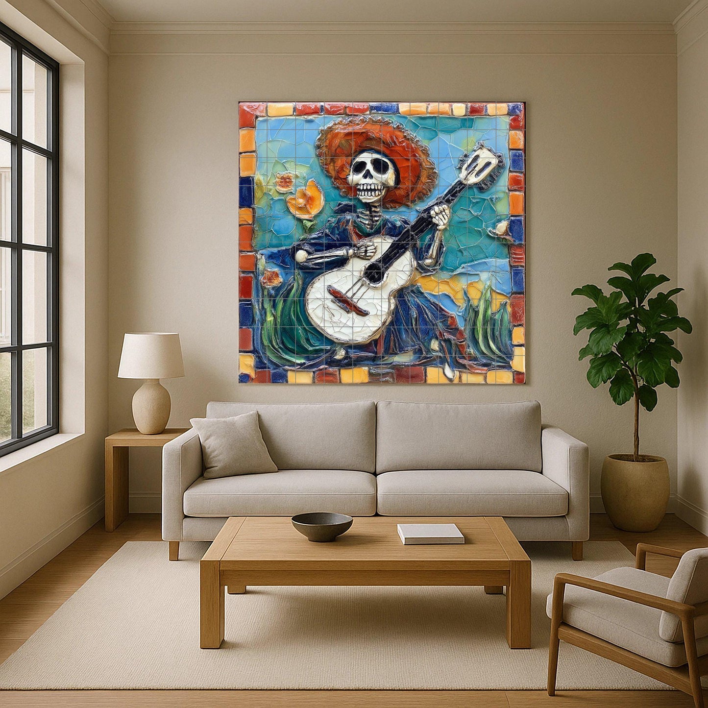 Day of the Dead tile mural / Mexican folk art decoration / Handmade ceramic skeleton musician / Vibrant colors and floral mosaic borders