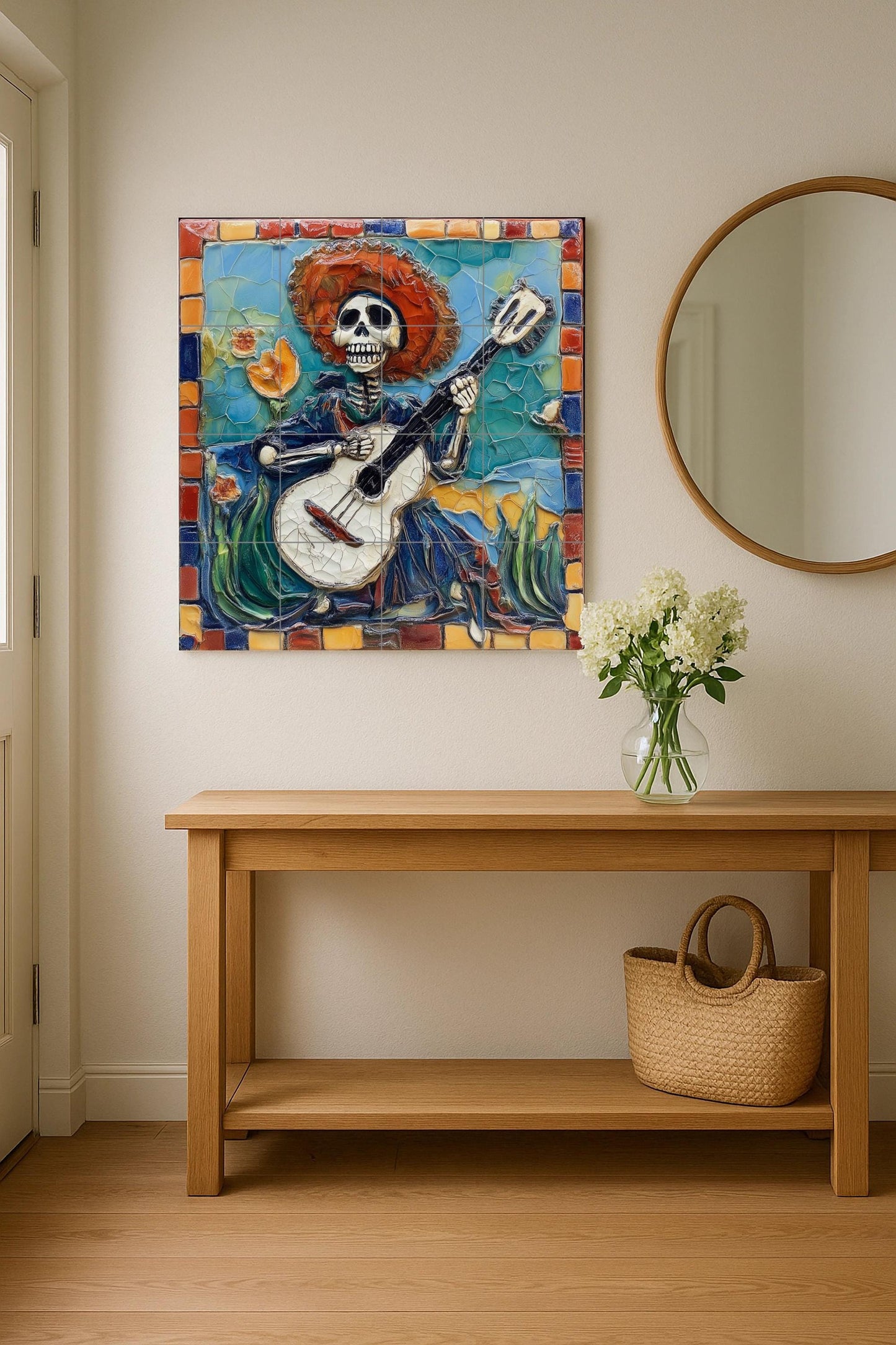 Day of the Dead tile mural / Mexican folk art decoration / Handmade ceramic skeleton musician / Vibrant colors and floral mosaic borders