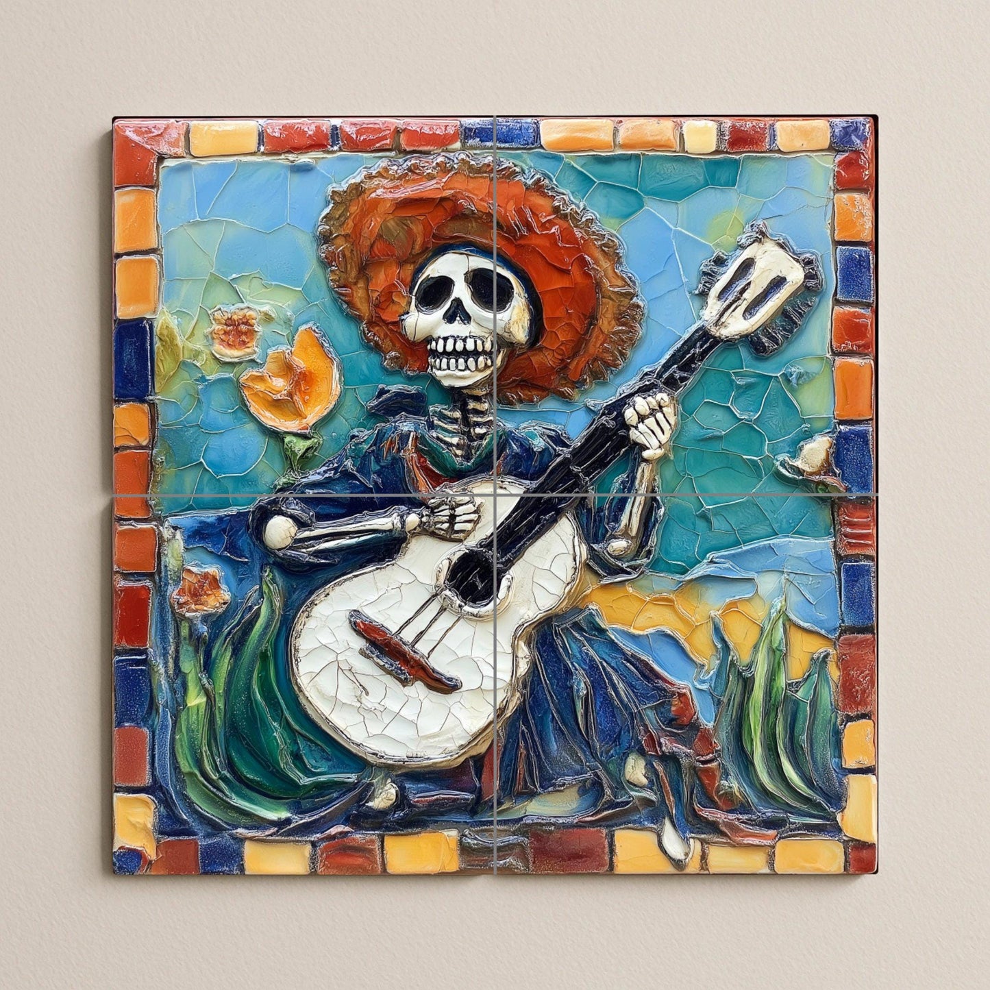 Day of the Dead tile mural / Mexican folk art decoration / Handmade ceramic skeleton musician / Vibrant colors and floral mosaic borders