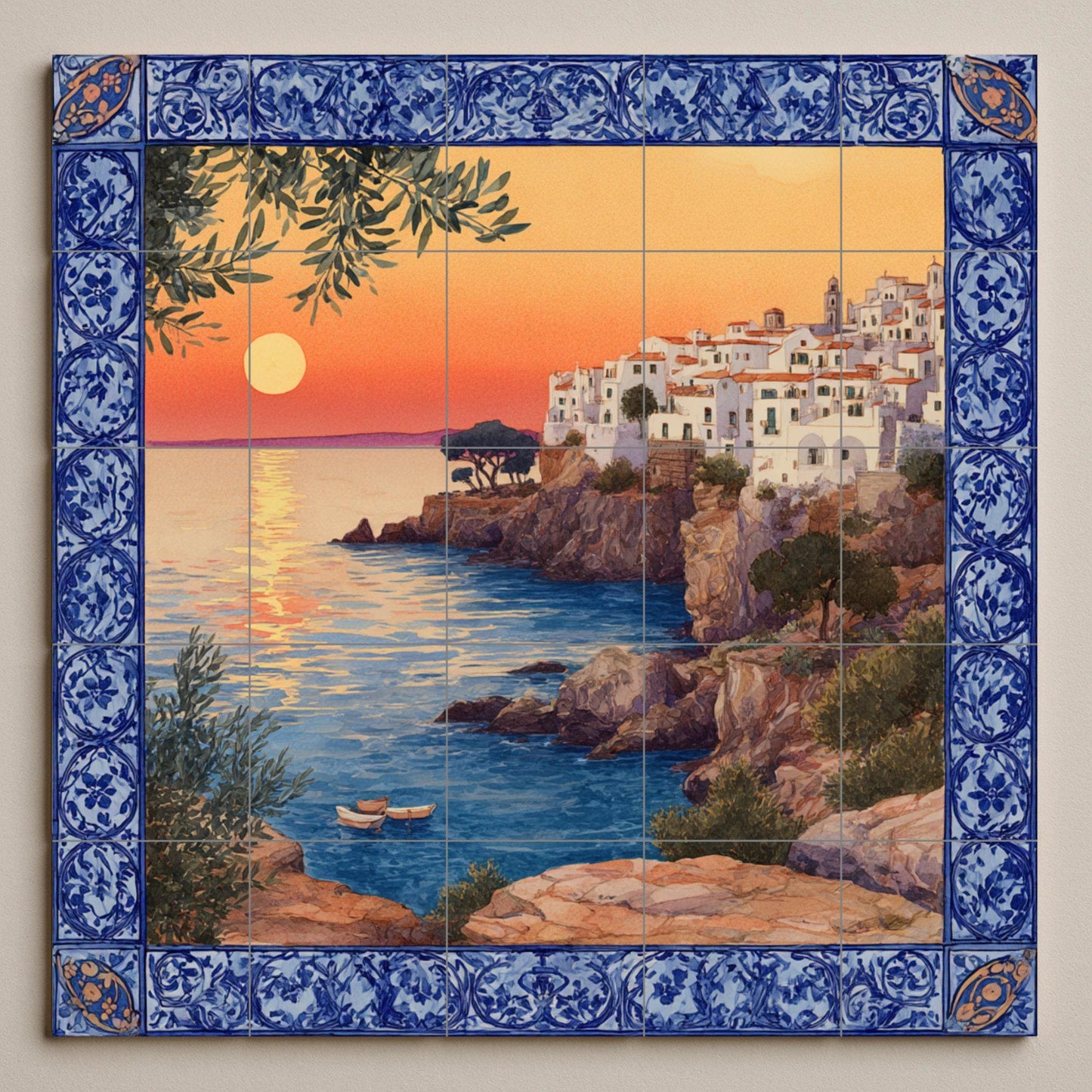 "Mediterranean Sunset" tile mural / Coastal village scene / Handmade ceramic decoration / Blue ceramic borders / Vibrant Mediterranean sunset