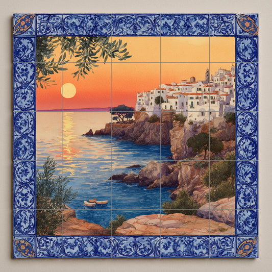 "Mediterranean Sunset" tile mural / Coastal village scene / Handmade ceramic decoration / Blue ceramic borders / Vibrant Mediterranean sunset