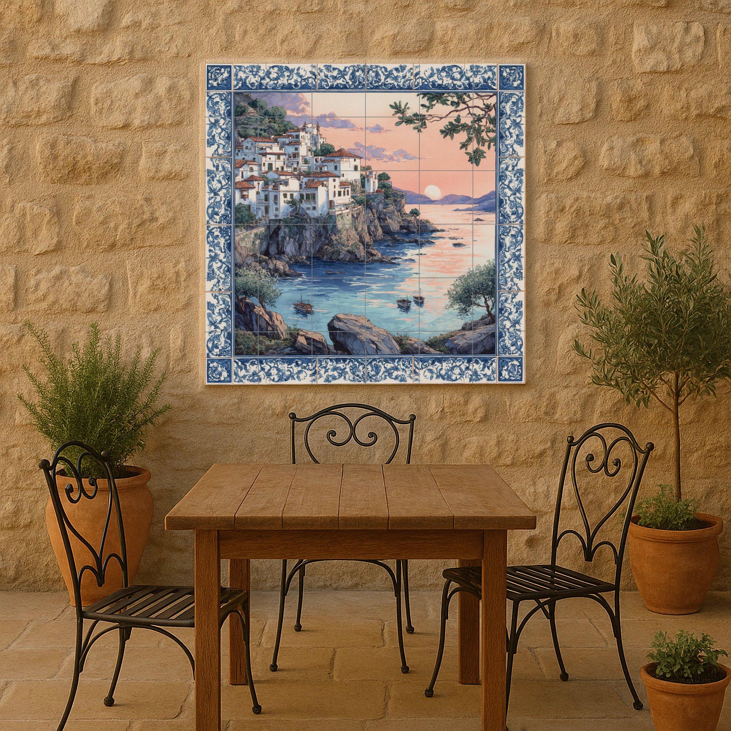 Mediterranean Sunset Tile Mural / Coastal Village Scene / Handmade Ceramic Decoration / Blue and White Tile Art / Mediterranean Cliff