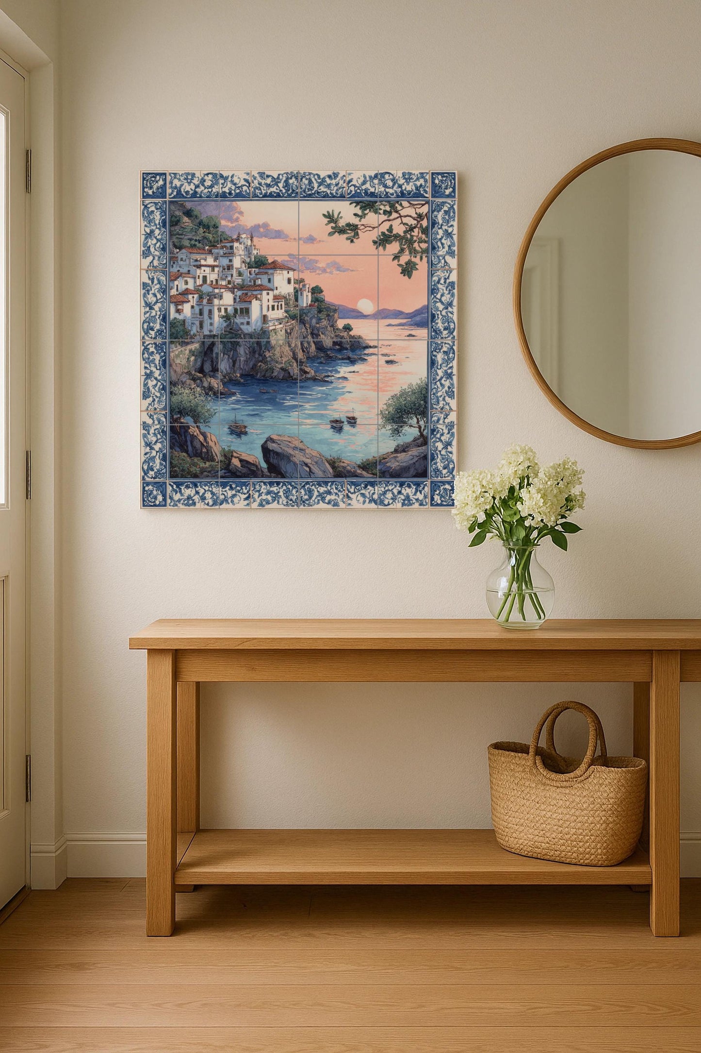 Mediterranean Sunset Tile Mural / Coastal Village Scene / Handmade Ceramic Decoration / Blue and White Tile Art / Mediterranean Cliff