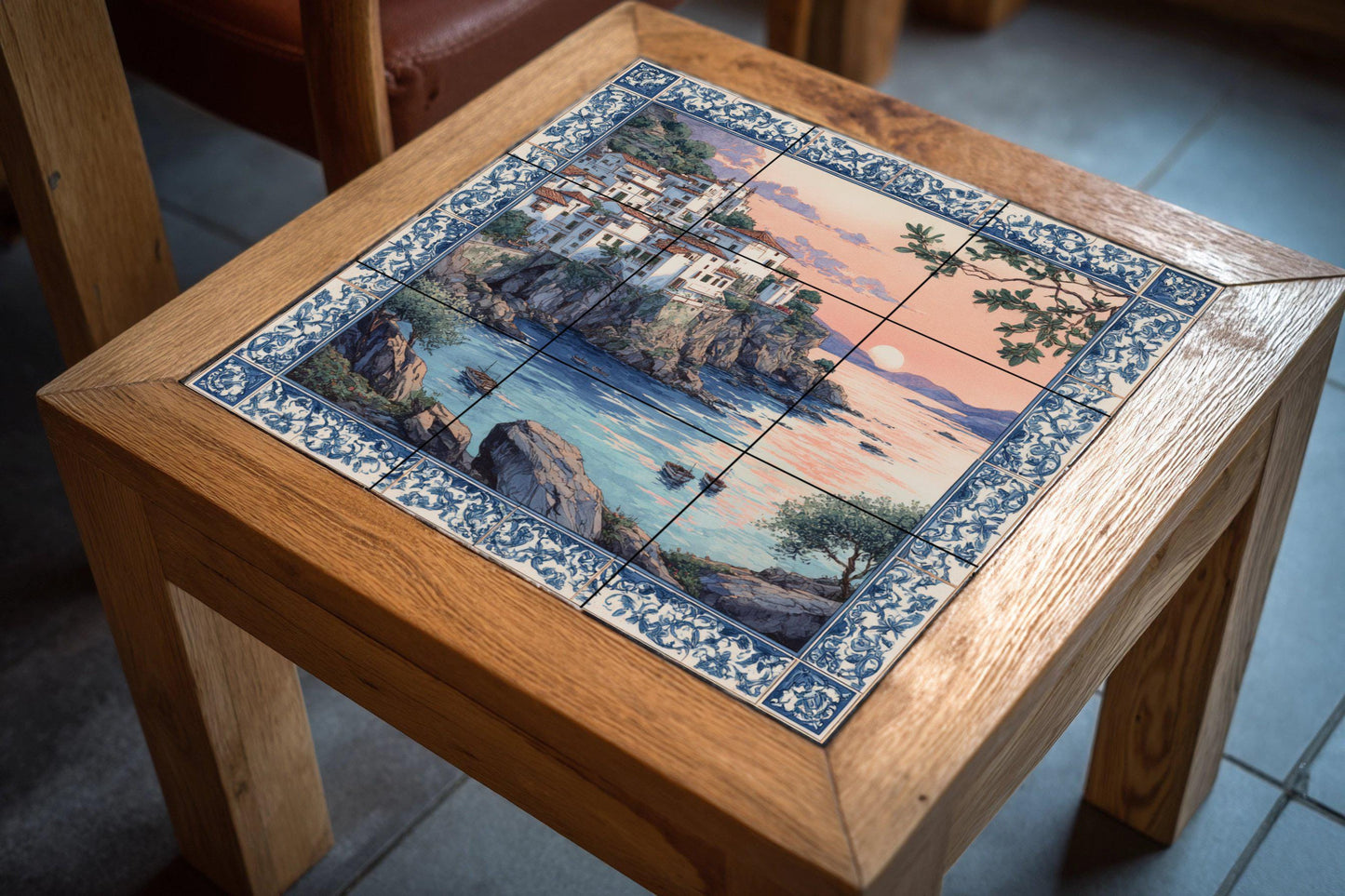 Mediterranean Sunset Tile Mural / Coastal Village Scene / Handmade Ceramic Decoration / Blue and White Tile Art / Mediterranean Cliff
